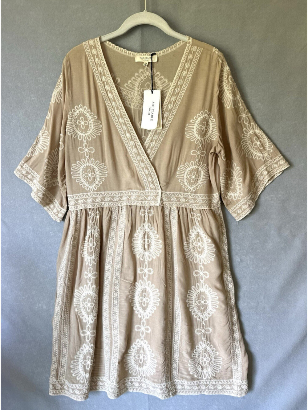 Solitaire Swim Cover Up Dress Women XL Beige Embroidered Floral Boho Beach Pool